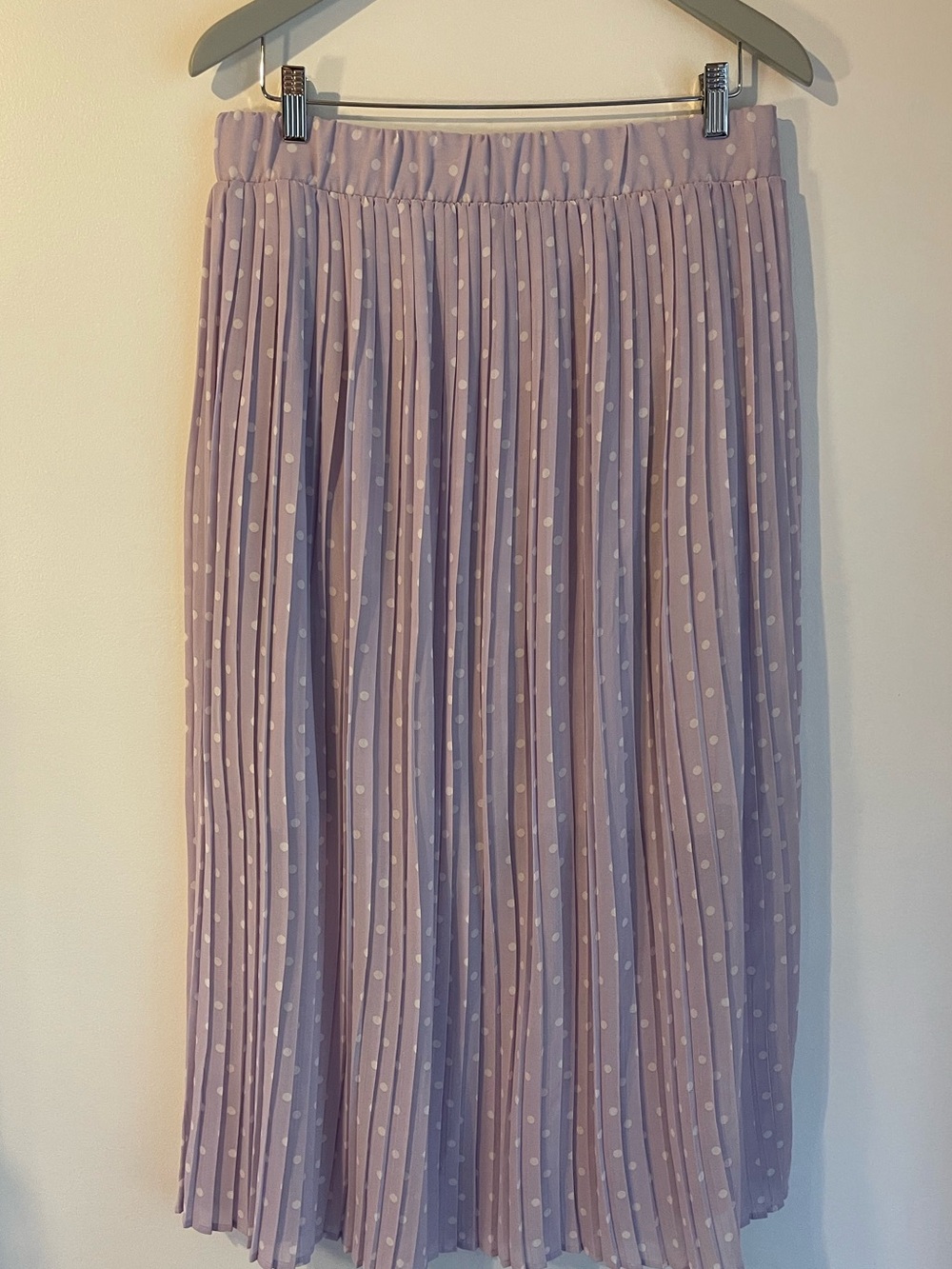 Suzy Shier Pleated Midi Skirt Polka Dot Elastic Waist Lilac Purple White XL